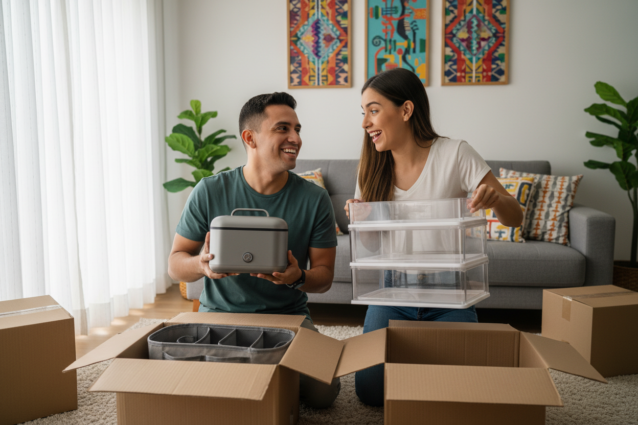 Pareja colombiana recibiendo productos del hogar